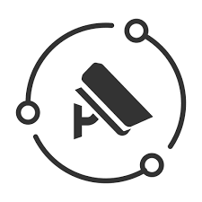 "Icon representing security and surveillance, showing a camera connected to a network."