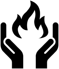 "Icon depicting hands protecting fire, showing a flame held between two upward-facing hands."