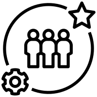 "Icon representing team management: three stylized figures in a circle, with a gear at the bottom left and a star at the top right."