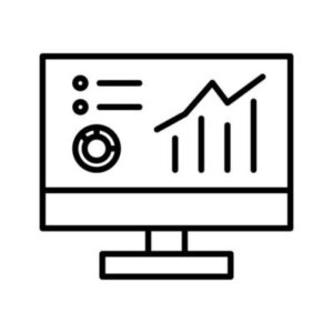 "Line art icon of a computer monitor displaying a line graph, bar charts, and data symbols."