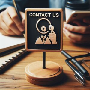 "A close-up photograph of a small, square, stand-alone sign on a wooden desk. The sign has a black background with the white text 'CONTACT US' at the top and a stylized gold icon below featuring a person with a headset and a speech bubble with a 'Q' inside. In the blurred background, a person is writing in a notebook and holding a smartphone, suggesting a customer service or support environment. Other items on the desk include a pen, a pair of glasses, and a coffee cup."
