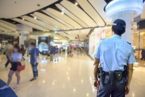 "A person wearing a blue shirt and a cap stands in a doorway, facing the camera. The person's face is visible, and they appear to be looking directly at the viewer. The background is a blurred interior space."